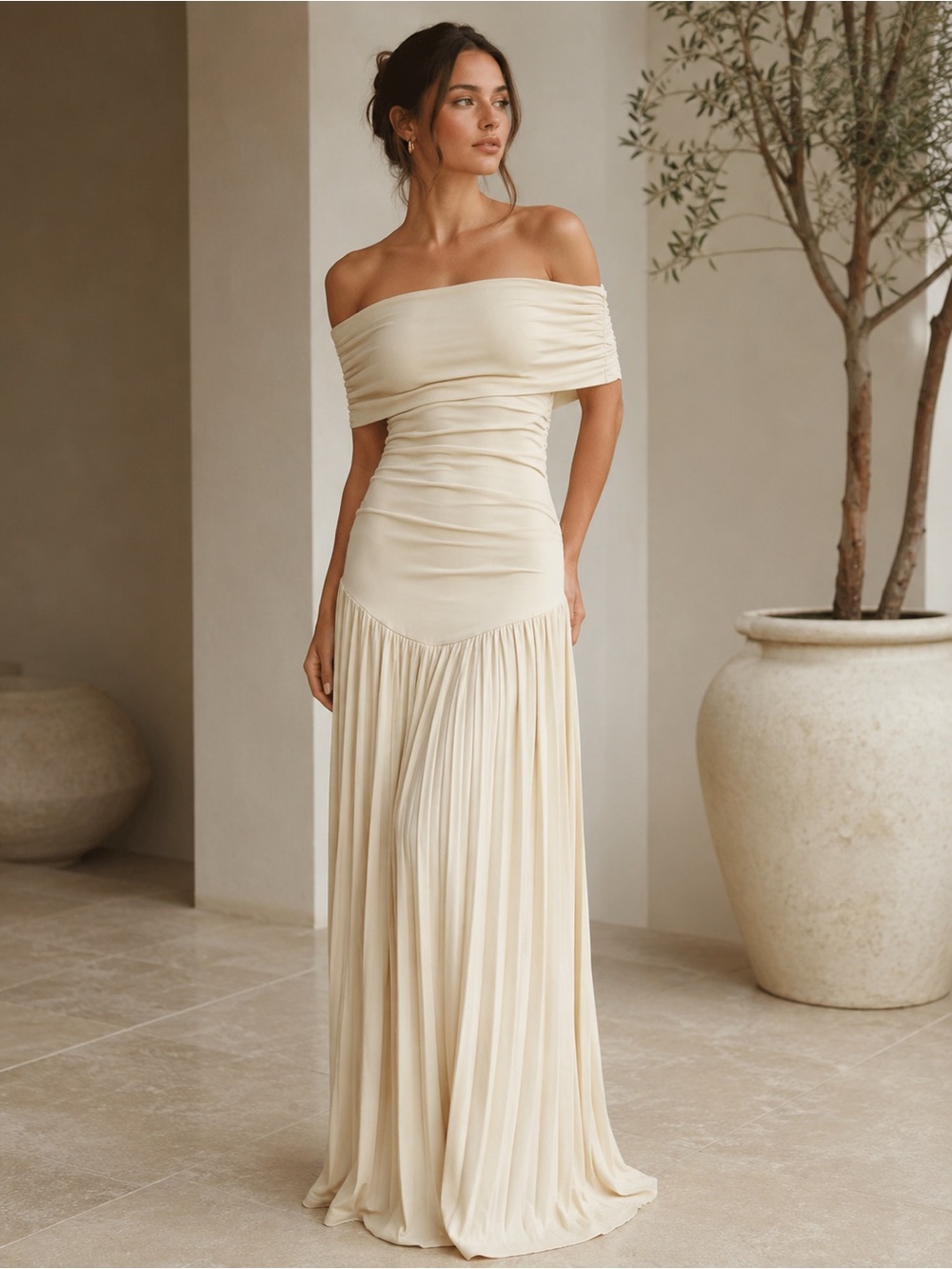 LIONESS Field of Dreams Maxi Dress Oatmeal Off Shoulder Pleated Formal Gown M